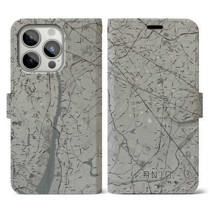 【安城（愛知県）】地図柄iPhoneケース（手帳タイプ）モノトーン・iPhone 15 Pro 用