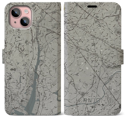 【安城（愛知県）】地図柄iPhoneケース（手帳タイプ）モノトーン・iPhone 15 Plus 用