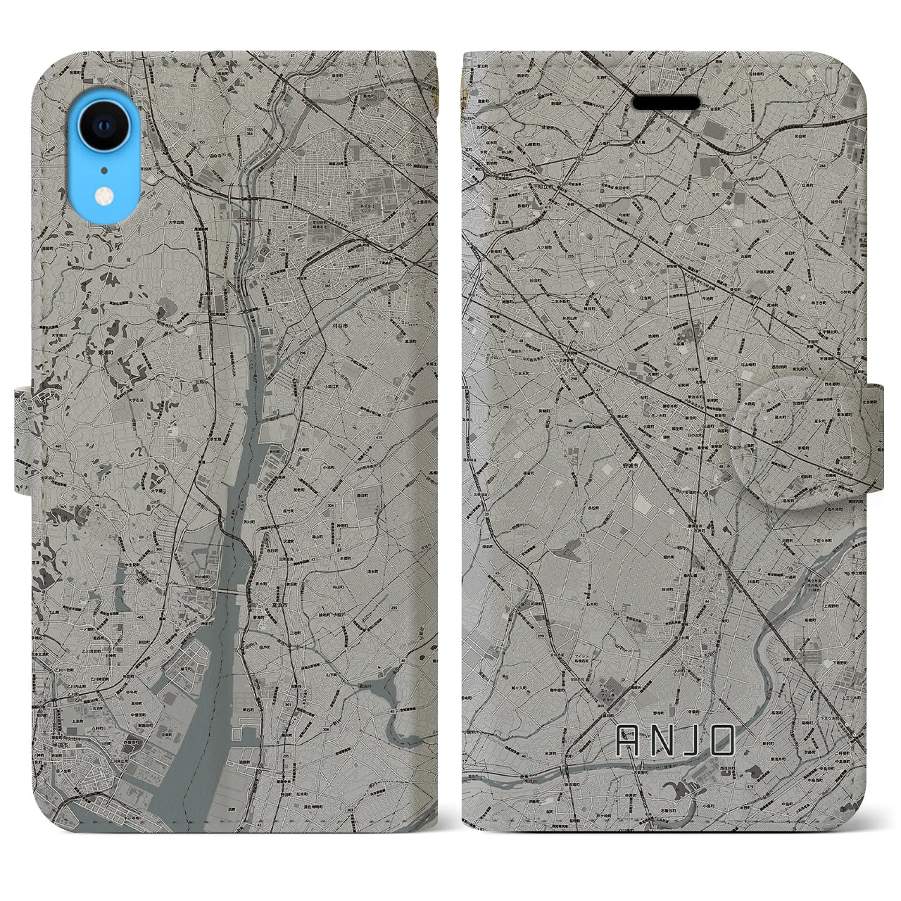 【安城】地図柄iPhoneケース（手帳両面タイプ・モノトーン）iPhone XR 用
