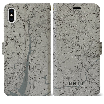 【安城（愛知県）】地図柄iPhoneケース（手帳タイプ）モノトーン・iPhone XS Max 用