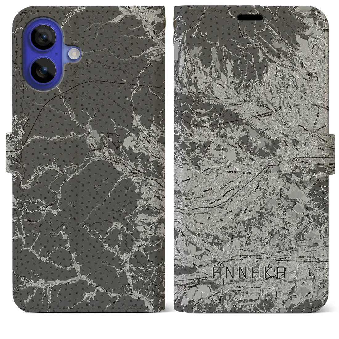 【安中(群馬県)】地図柄iPhoneケース(手帳タイプ)モノトーン・iPhone 16 Pro Max 用