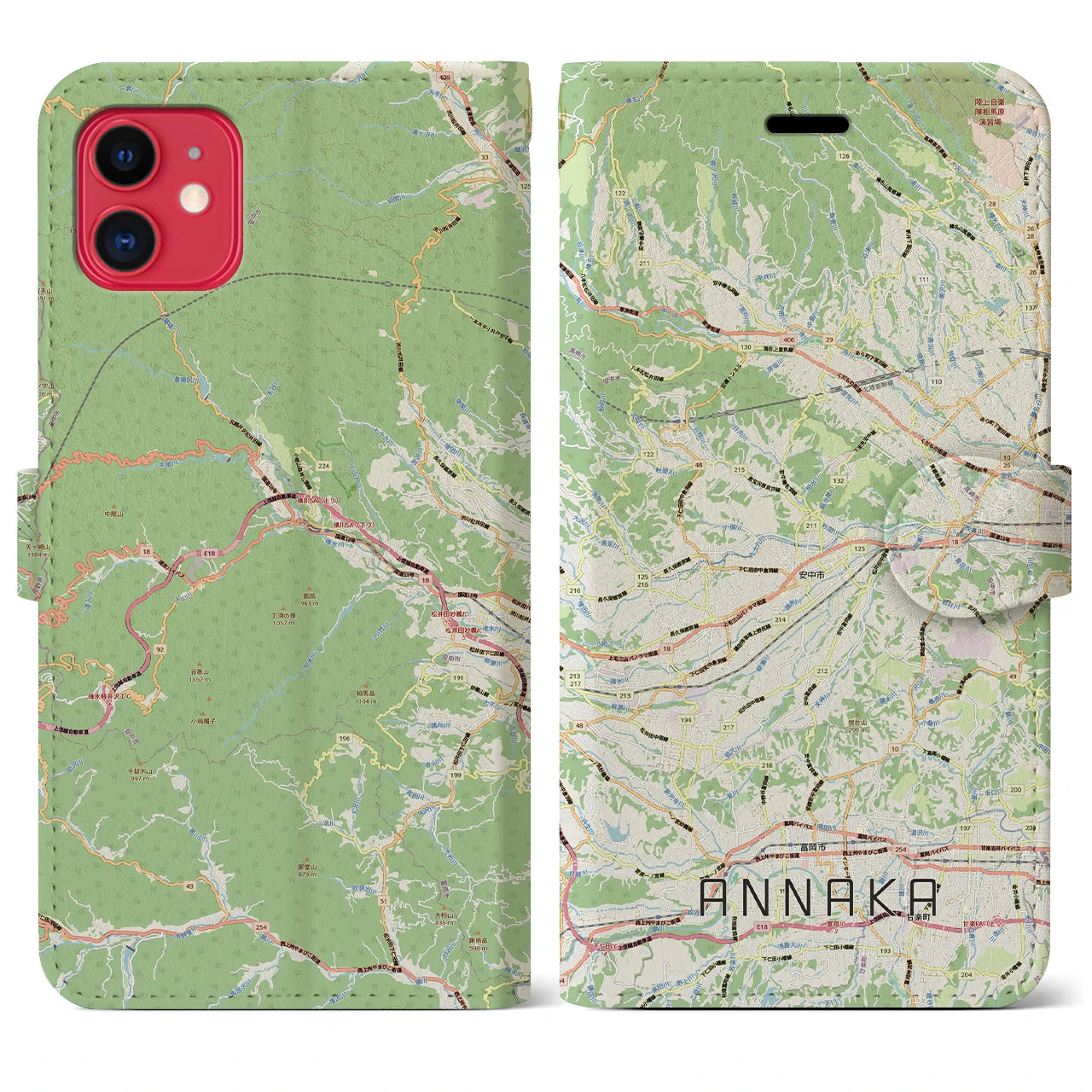 【安中（群馬県）】地図柄iPhoneケース（手帳タイプ）ナチュラル・iPhone 11 用