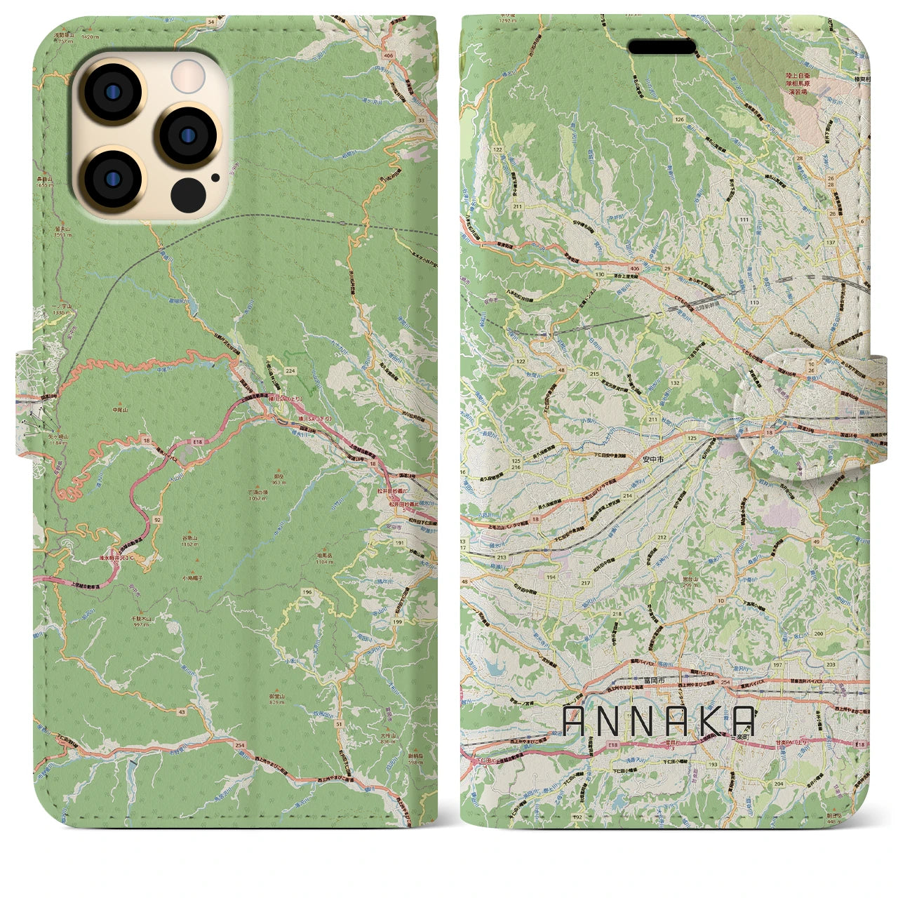 【安中（群馬県）】地図柄iPhoneケース（手帳タイプ）ナチュラル・iPhone 12 Pro Max 用