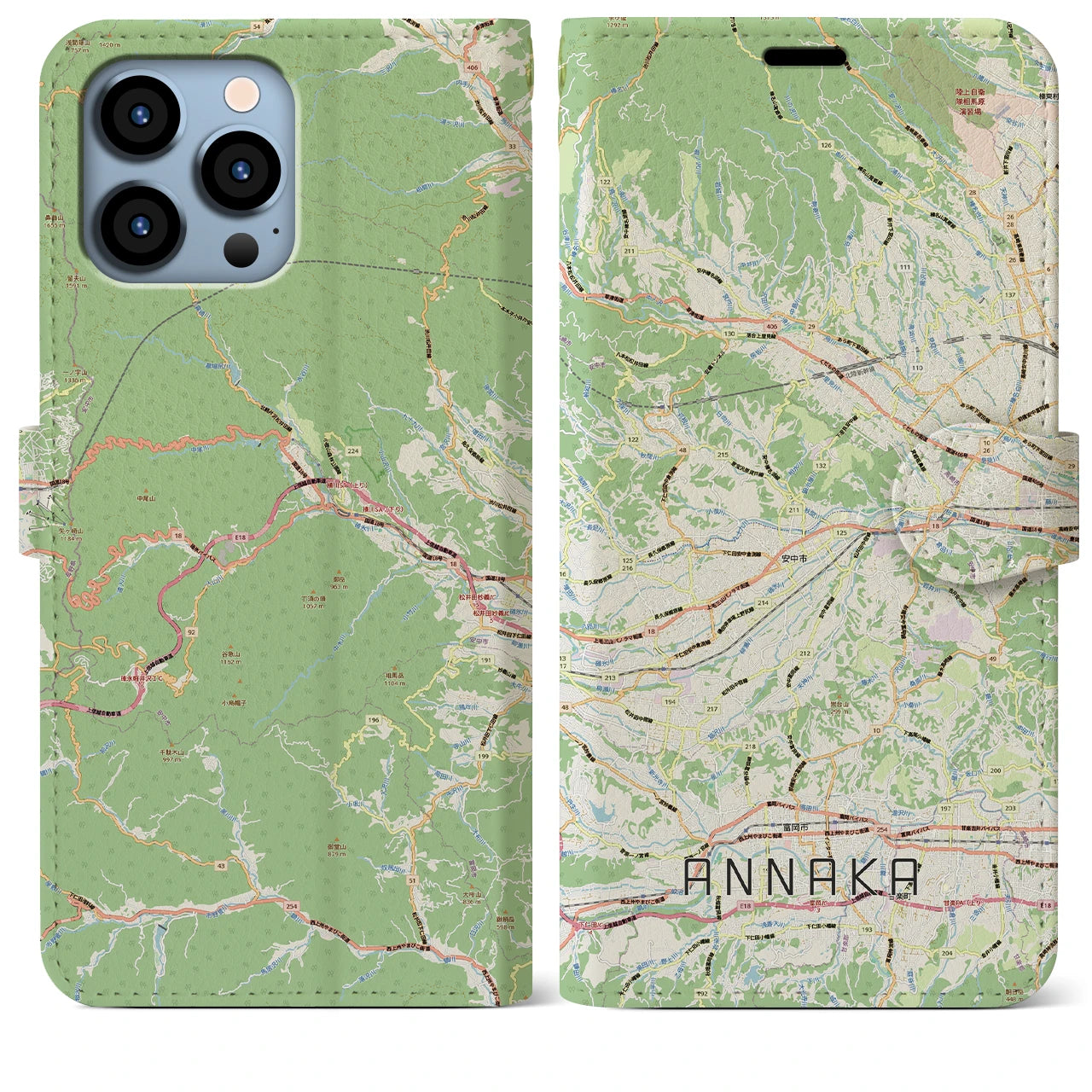 【安中（群馬県）】地図柄iPhoneケース（手帳タイプ）ナチュラル・iPhone 13 Pro Max 用