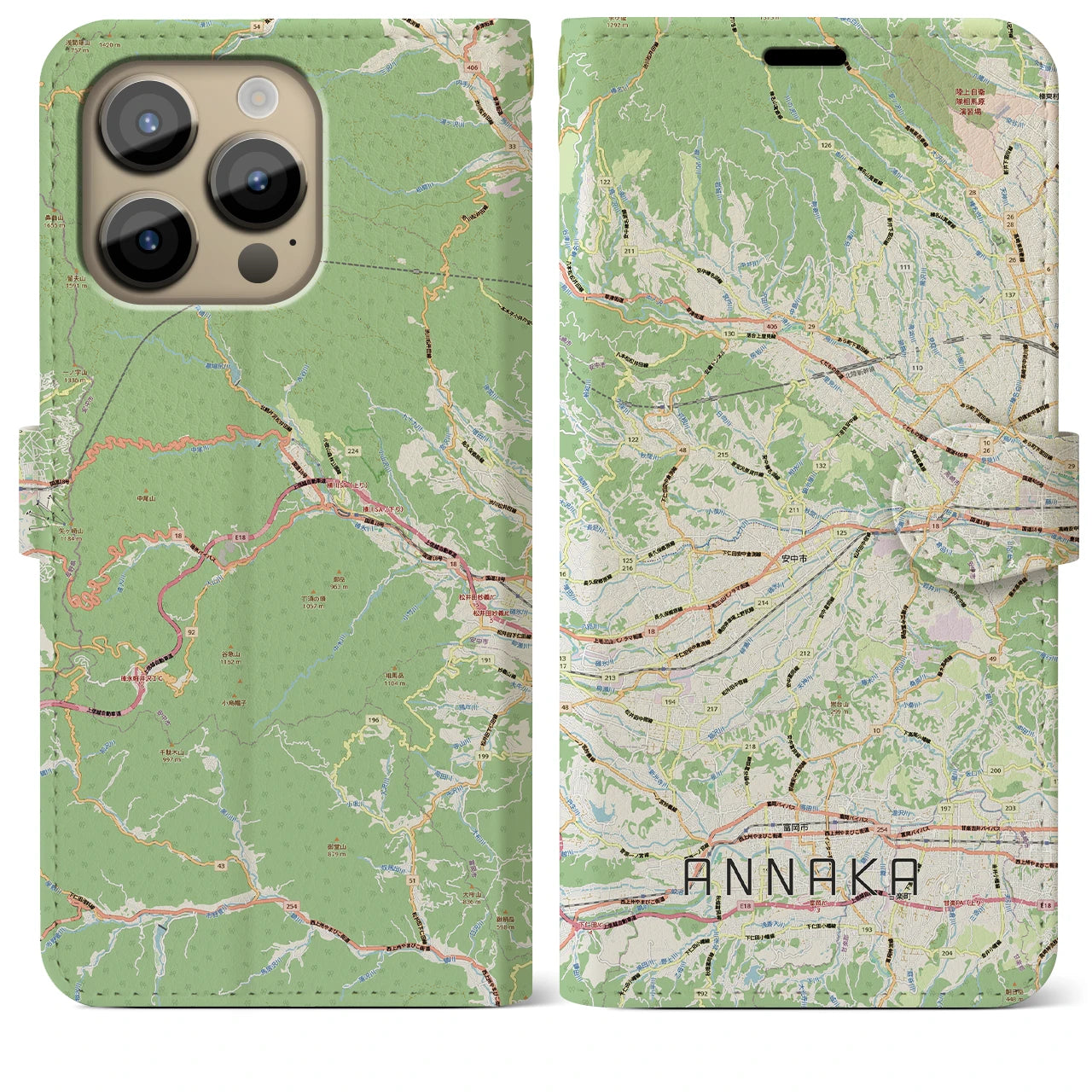 【安中（群馬県）】地図柄iPhoneケース（手帳タイプ）ナチュラル・iPhone 14 Pro Max 用