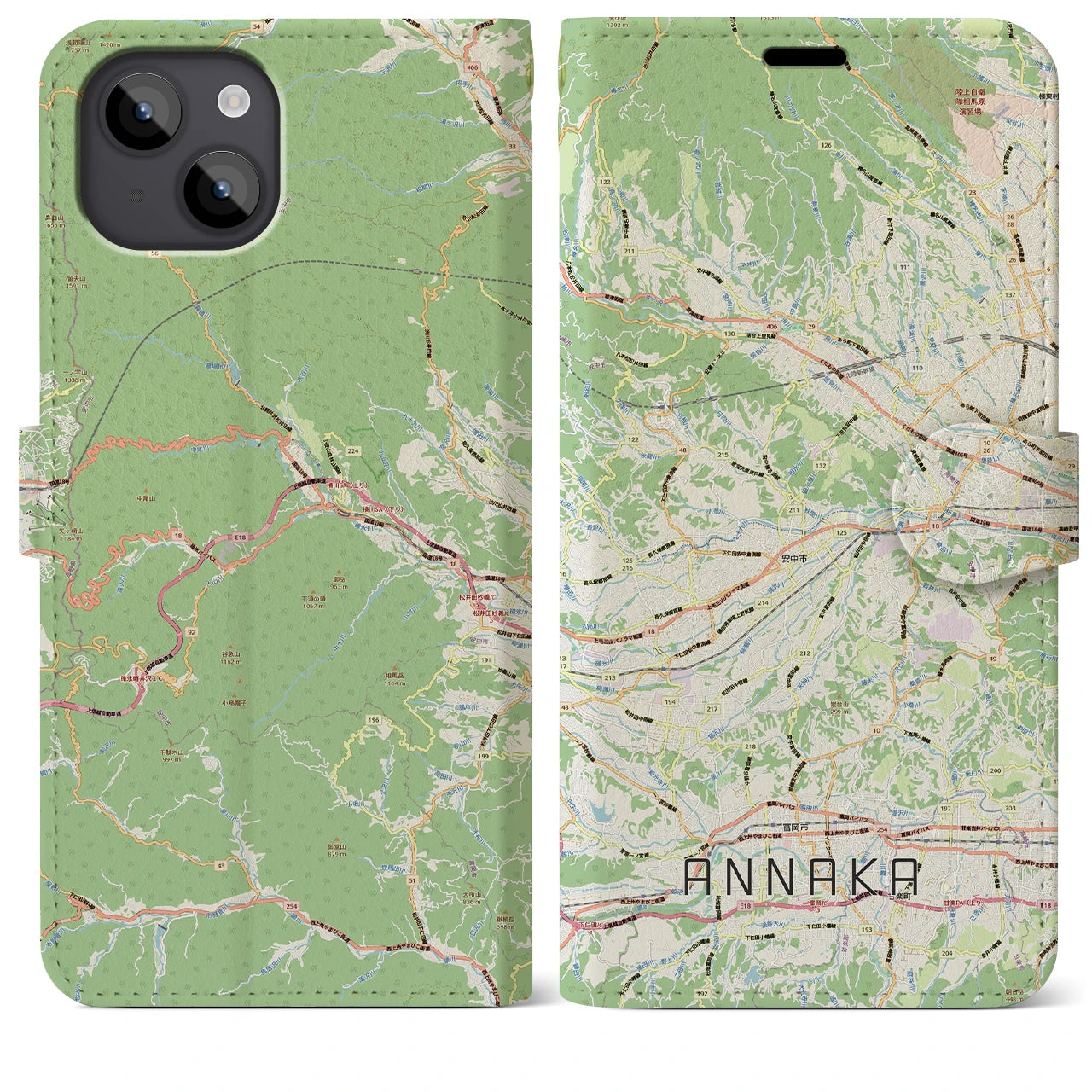 【安中（群馬県）】地図柄iPhoneケース（手帳タイプ）ナチュラル・iPhone 14 Plus 用