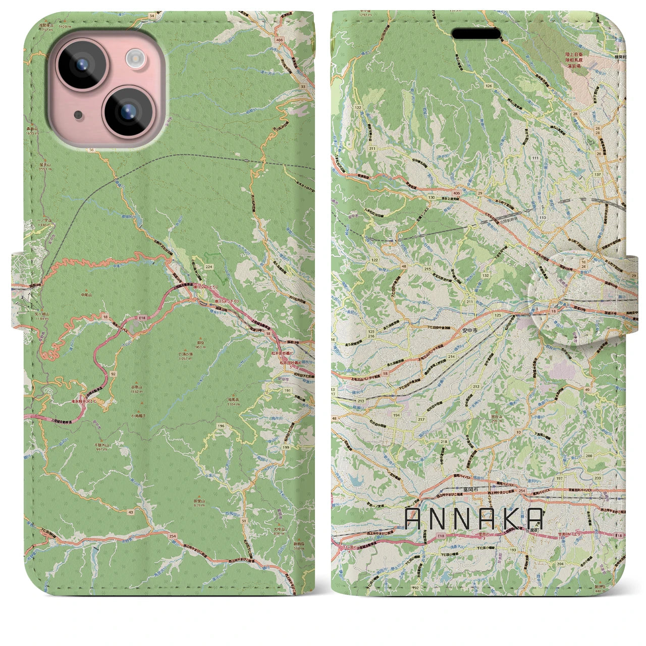 【安中（群馬県）】地図柄iPhoneケース（手帳タイプ）ナチュラル・iPhone 15 Plus 用