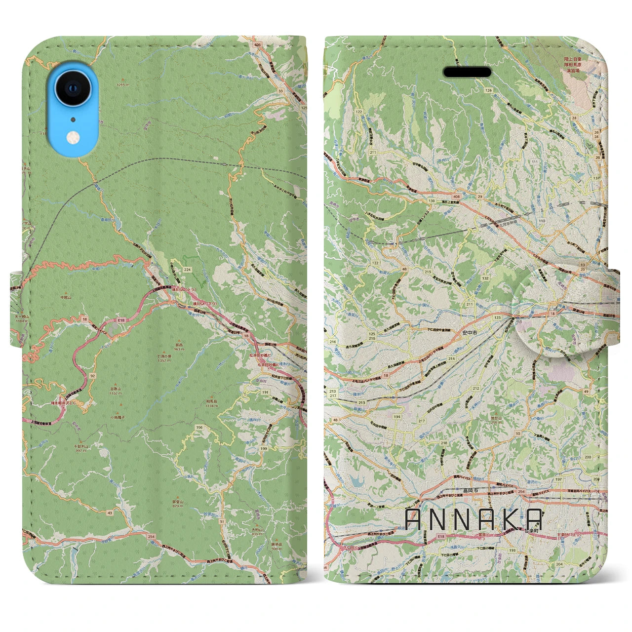 【安中（群馬県）】地図柄iPhoneケース（手帳タイプ）ナチュラル・iPhone XR 用