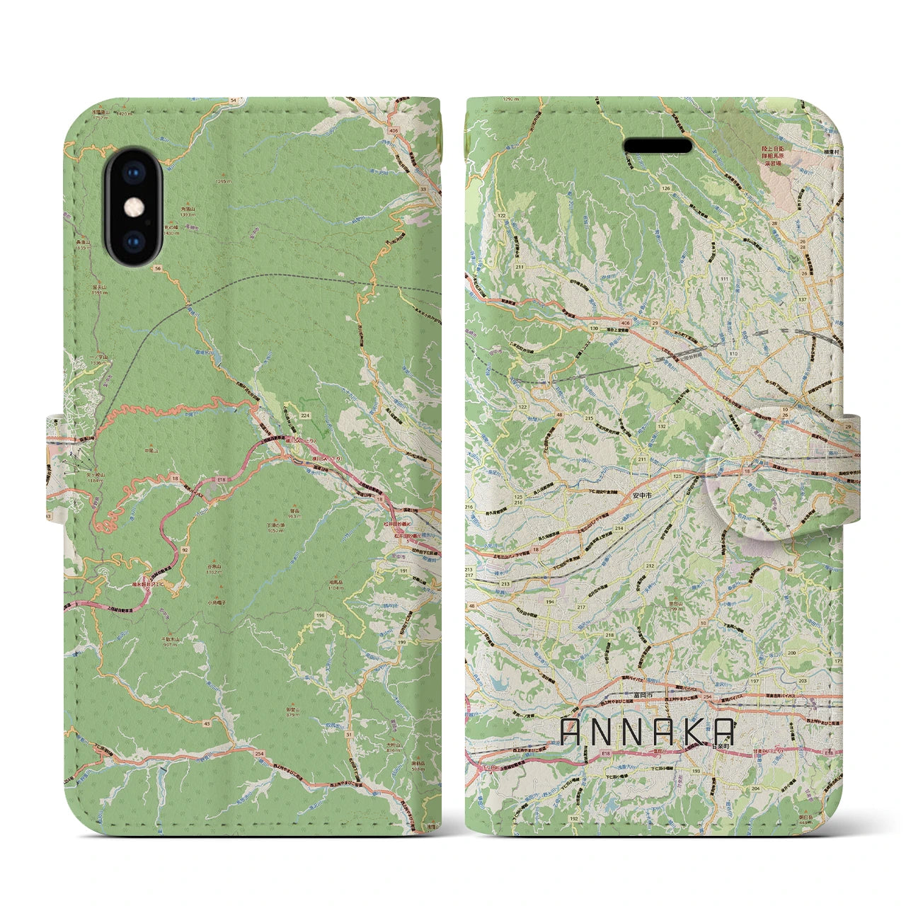 【安中（群馬県）】地図柄iPhoneケース（手帳タイプ）ナチュラル・iPhone XS / X 用