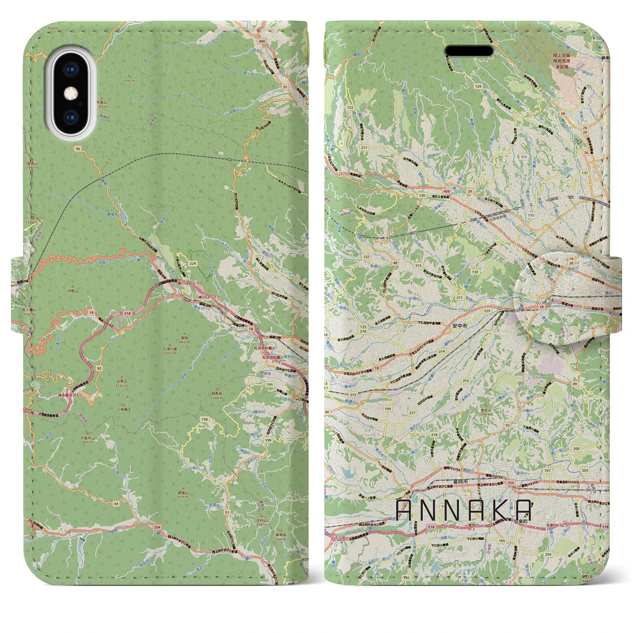 【安中（群馬県）】地図柄iPhoneケース（手帳タイプ）ナチュラル・iPhone XS Max 用