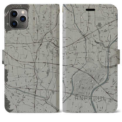 【安八（岐阜県）】地図柄iPhoneケース（手帳タイプ）モノトーン・iPhone 11 Pro Max 用