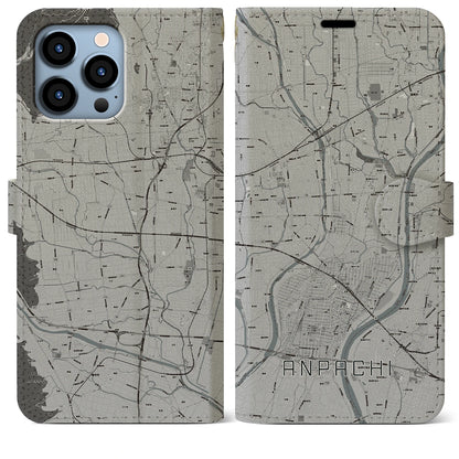 【安八（岐阜県）】地図柄iPhoneケース（手帳タイプ）モノトーン・iPhone 13 Pro Max 用