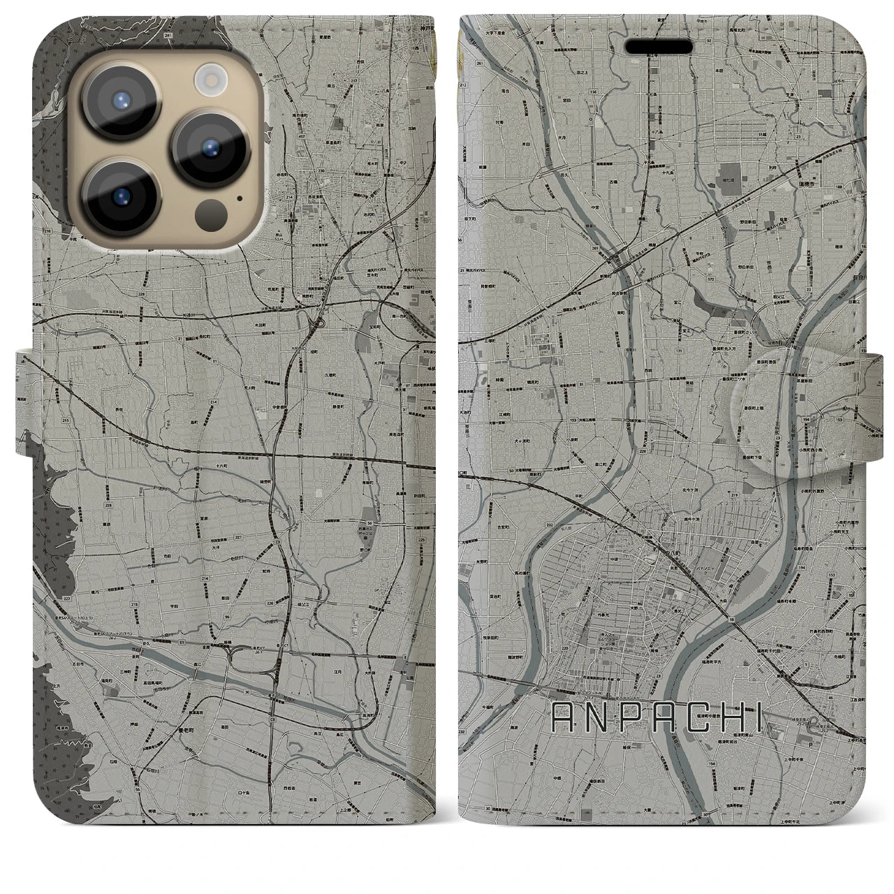 【安八】地図柄iPhoneケース（手帳両面タイプ・モノトーン）iPhone 14 Pro Max 用