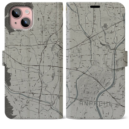 【安八（岐阜県）】地図柄iPhoneケース（手帳タイプ）モノトーン・iPhone 15 Plus 用