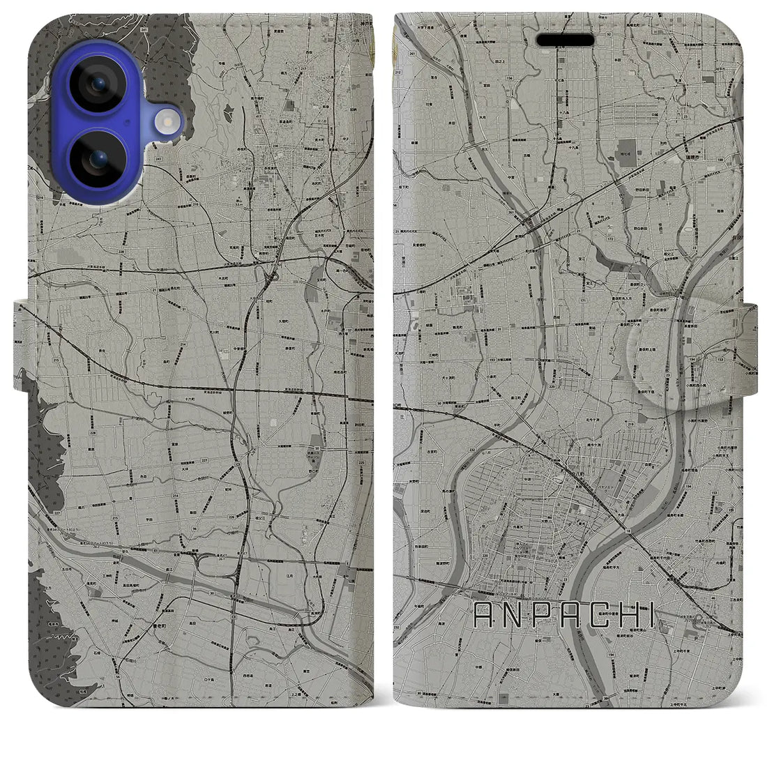 【安八(岐阜県)】地図柄iPhoneケース(手帳タイプ)モノトーン・iPhone 16 Pro Max 用