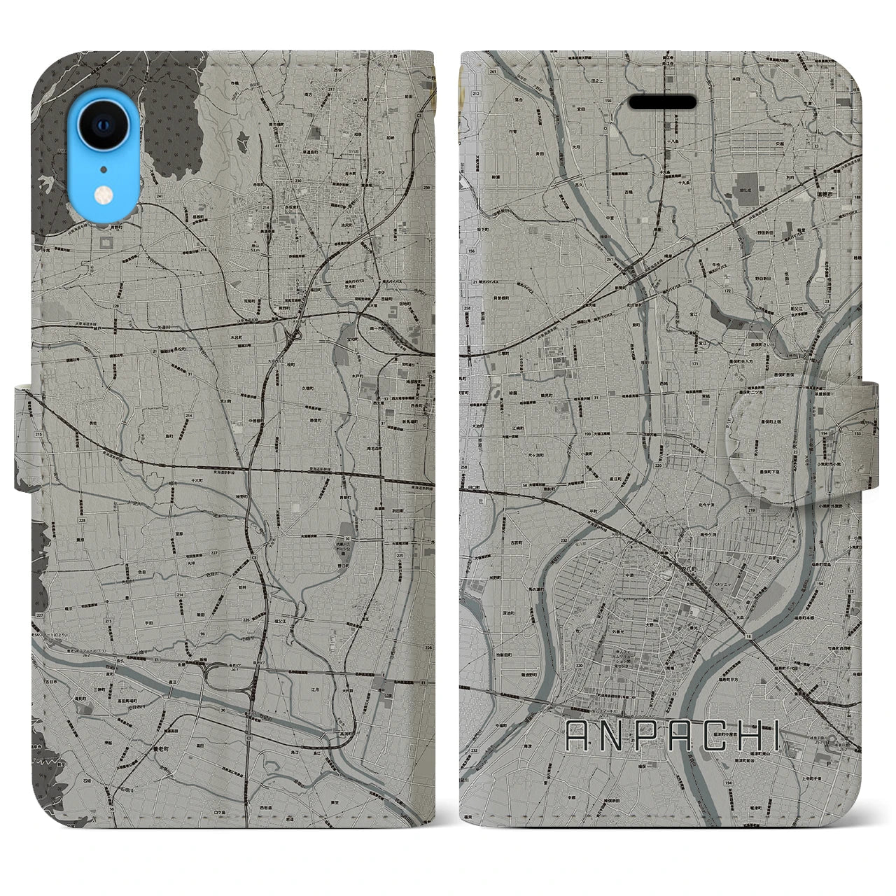 【安八】地図柄iPhoneケース（手帳両面タイプ・モノトーン）iPhone XR 用