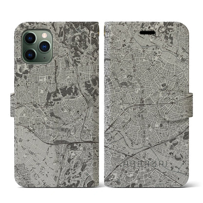 【青葉台（神奈川県）】地図柄iPhoneケース（手帳タイプ）モノトーン・iPhone 11 Pro 用