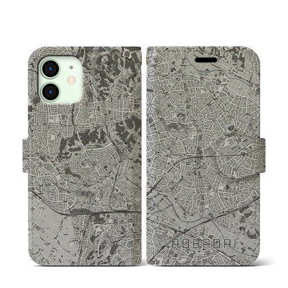 【青葉台（神奈川県）】地図柄iPhoneケース（手帳タイプ）モノトーン・iPhone 12 mini 用