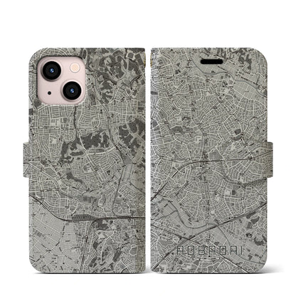 【青葉台（神奈川県）】地図柄iPhoneケース（手帳タイプ）モノトーン・iPhone 13 mini 用