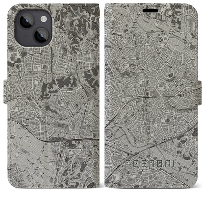 【青葉台（神奈川県）】地図柄iPhoneケース（手帳タイプ）モノトーン・iPhone 14 Plus 用