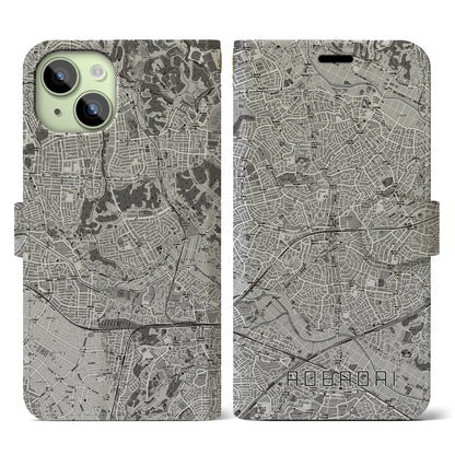 【青葉台（神奈川県）】地図柄iPhoneケース（手帳タイプ）モノトーン・iPhone 15 用