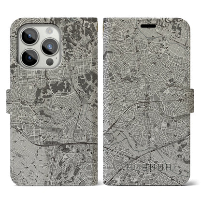 【青葉台（神奈川県）】地図柄iPhoneケース（手帳タイプ）モノトーン・iPhone 15 Pro 用