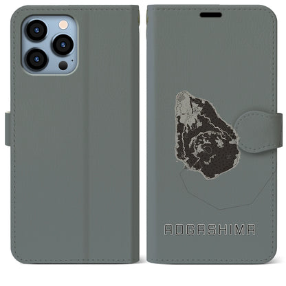 【青ヶ島（東京都）】地図柄iPhoneケース（手帳タイプ）モノトーン・iPhone 13 Pro Max 用