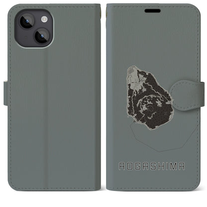 【青ヶ島（東京都）】地図柄iPhoneケース（手帳タイプ）モノトーン・iPhone 14 Plus 用