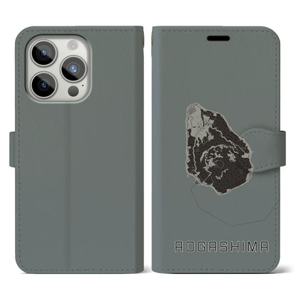 【青ヶ島（東京都）】地図柄iPhoneケース（手帳タイプ）モノトーン・iPhone 15 Pro 用