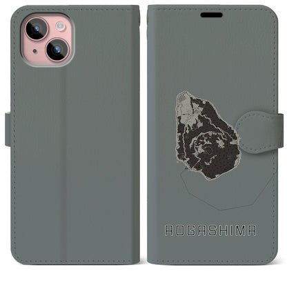 【青ヶ島（東京都）】地図柄iPhoneケース（手帳タイプ）モノトーン・iPhone 15 Plus 用