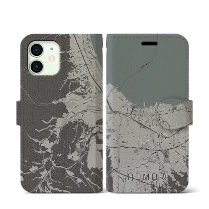 【青森2（青森県）】地図柄iPhoneケース（手帳タイプ）モノトーン・iPhone 12 mini 用