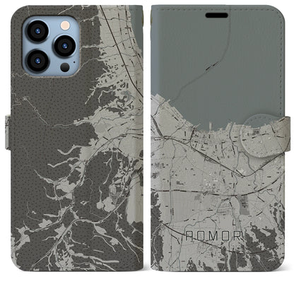 【青森2（青森県）】地図柄iPhoneケース（手帳タイプ）モノトーン・iPhone 13 Pro Max 用