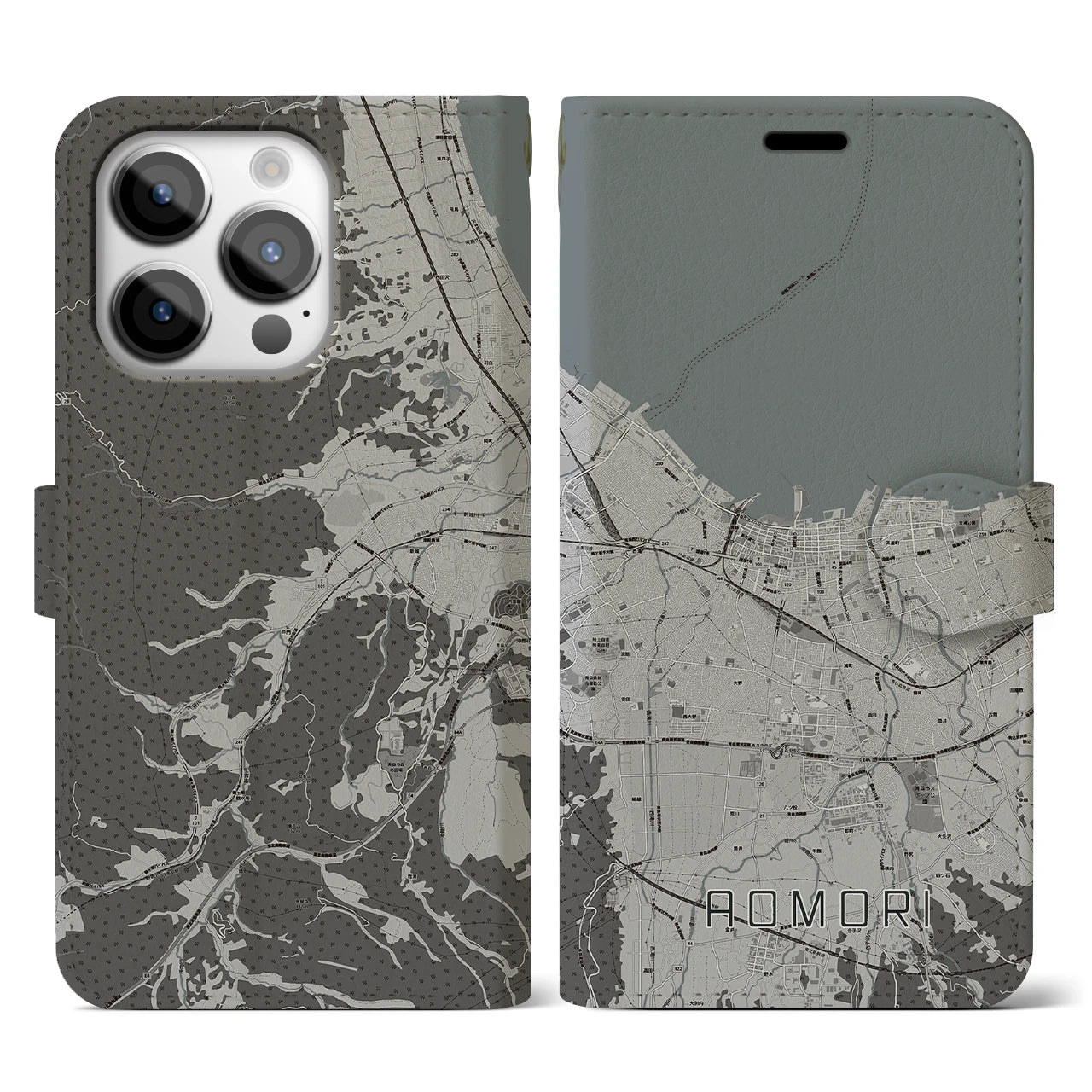 【青森2】地図柄iPhoneケース（手帳両面タイプ・モノトーン）iPhone 14 Pro 用