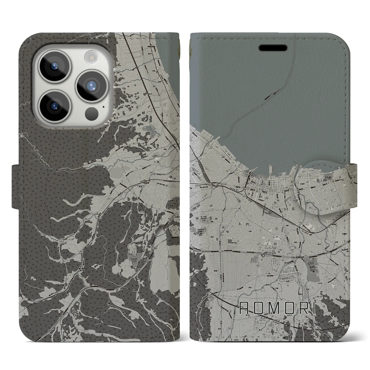 【青森2】地図柄iPhoneケース（手帳両面タイプ・モノトーン）iPhone 15 Pro 用