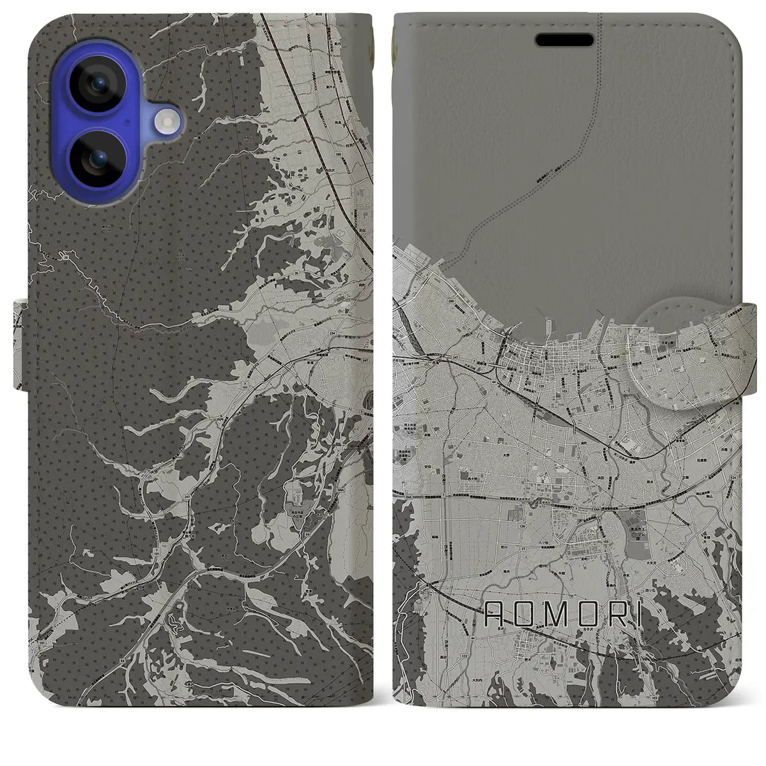 【青森2(青森県)】地図柄iPhoneケース(手帳タイプ)モノトーン・iPhone 16 Pro Max 用