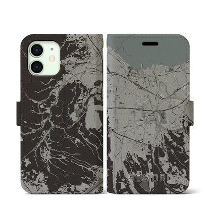 【青森（青森県）】地図柄iPhoneケース（手帳タイプ）モノトーン・iPhone 12 mini 用