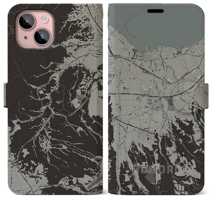 【青森（青森県）】地図柄iPhoneケース（手帳タイプ）モノトーン・iPhone 15 Plus 用