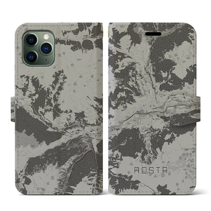 【アオスタ（イタリア）】地図柄iPhoneケース（手帳タイプ）モノトーン・iPhone 11 Pro 用