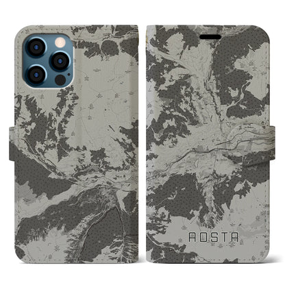 【アオスタ（イタリア）】地図柄iPhoneケース（手帳タイプ）モノトーン・iPhone 12 / 12 Pro 用