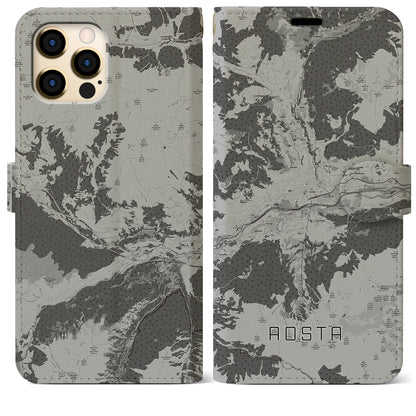 【アオスタ（イタリア）】地図柄iPhoneケース（手帳タイプ）モノトーン・iPhone 12 Pro Max 用