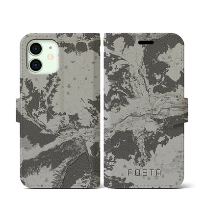 【アオスタ（イタリア）】地図柄iPhoneケース（手帳タイプ）モノトーン・iPhone 12 mini 用