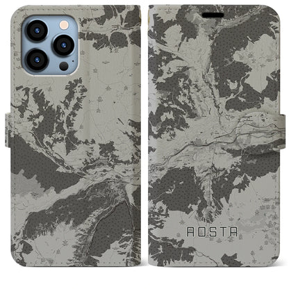 【アオスタ（イタリア）】地図柄iPhoneケース（手帳タイプ）モノトーン・iPhone 13 Pro Max 用