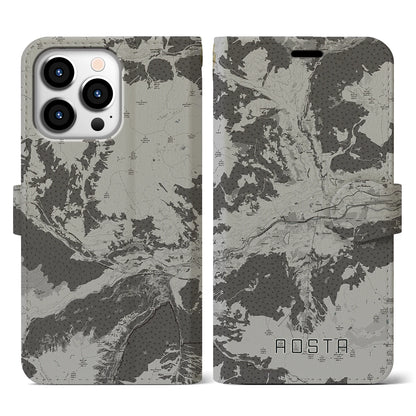 【アオスタ（イタリア）】地図柄iPhoneケース（手帳タイプ）モノトーン・iPhone 13 Pro 用