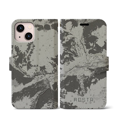 【アオスタ（イタリア）】地図柄iPhoneケース（手帳タイプ）モノトーン・iPhone 13 mini 用