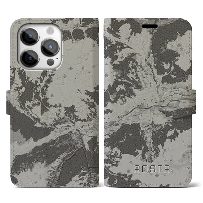 【アオスタ（イタリア）】地図柄iPhoneケース（手帳タイプ）モノトーン・iPhone 14 Pro 用