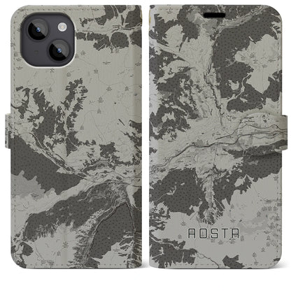 【アオスタ（イタリア）】地図柄iPhoneケース（手帳タイプ）モノトーン・iPhone 14 Plus 用