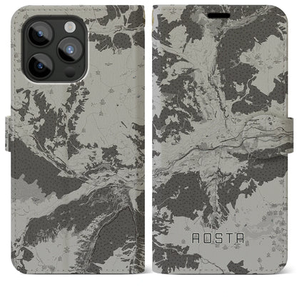 【アオスタ（イタリア）】地図柄iPhoneケース（手帳タイプ）モノトーン・iPhone 15 Pro Max 用