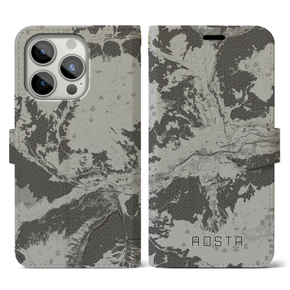 【アオスタ（イタリア）】地図柄iPhoneケース（手帳タイプ）モノトーン・iPhone 15 Pro 用