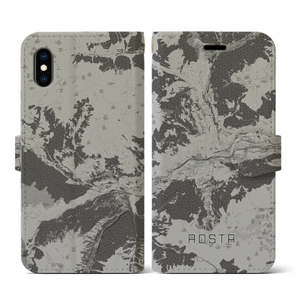 【アオスタ（イタリア）】地図柄iPhoneケース（手帳タイプ）モノトーン・iPhone XS / X 用