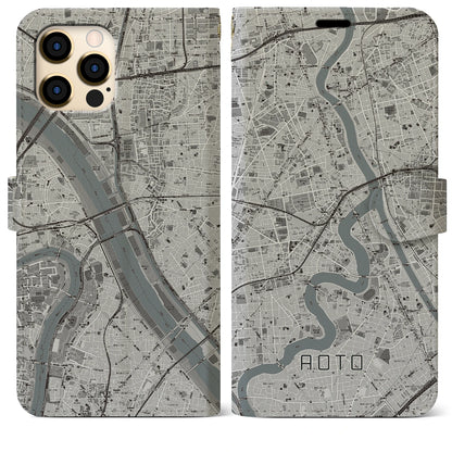 【青砥（東京都）】地図柄iPhoneケース（手帳タイプ）モノトーン・iPhone 12 Pro Max 用